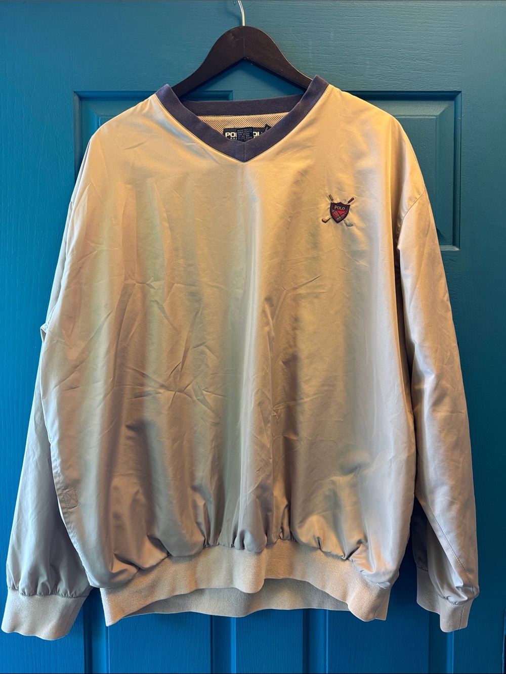 POLO Golf - Men's V-Neck Pullover Sweater - Light Beige with Navy trim- Size M